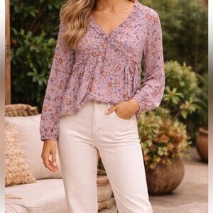 NWT Easel Purple VNeck Ruffle Babydoll Top Floral Print Size Large Boho Cottage